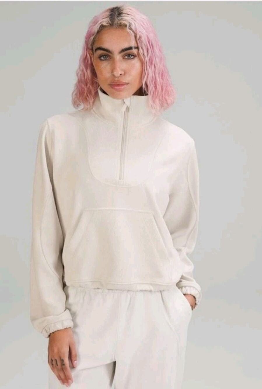 Lululemon Brushed Softstreme Half Zip 4 Bone Cropped Oversized